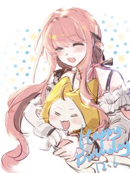 Rule 34 | 1girl, = =, ^ ^, ahoge, animal, arm cutout, bare shoulders, black bow, black ribbon, blush, bow, bow choker, bowtie, bra strap, cat, chinese commentary, choker, cloak, closed eyes, clothed animal, clothing cutout, collarbone, commentary request, cropped torso, dated, ear covers, english text, frilled shirt, frilled sleeves, frills, hair bow, hair intakes, hair ribbon, happy, happy birthday, highres, holding, holding animal, holding cat, hood, hood up, hooded cloak, infinity nikki, long hair, long sidelocks, long sleeves, low twintails, momo (nikki), nikki (nikki), nikki (series), off-shoulder shirt, off shoulder, open mouth, paper polaris, pawpads, perfect start (infinity nikki), pink bow, pink bowtie, pink choker, pink hair, polka dot, polka dot background, puffy long sleeves, puffy sleeves, ribbon, shirt, sidelocks, single stripe, sleeves past wrists, smile, striped bow, striped bowtie, striped clothes, tress ribbon, twintails, very long hair, wavy hair, whiskers, white background, white cat, white shirt, yellow cloak