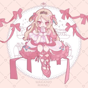 1girl 55ki75 ankle_lace-up bare_shoulders blush bow braid braided_hair_rings character_name colored_inner_hair commentary_request covered_mouth criss-cross_halter dress dress_bow dress_flower flower food-themed_background footwear_bow frilled_dress frills full_body gloves grey_hair hair_intakes hair_ornament hair_over_shoulder hair_ribbon hair_rings hairclip halterneck heart heart-shaped_gem heart_background heart_in_eye highres knees_up leg_bow long_hair looking_at_viewer makaino_ririmu multicolored_hair nijisanji no_socks nose_blush off-shoulder_dress off_shoulder official_alternate_costume official_alternate_hairstyle own_hands_clasped own_hands_together pink_bow pink_dress pink_hair pink_ribbon pink_shoes pink_streaks pointy_ears polka_dot red_eyes ribbon shoes side_part side_up_ring sidelocks sitting solo star_(symbol) star_hair_ornament straight-on streaked_hair swept_bangs symbol_in_eye tiara two-tone_dress two-tone_hair two_side_up virtual_youtuber white_dress white_gloves