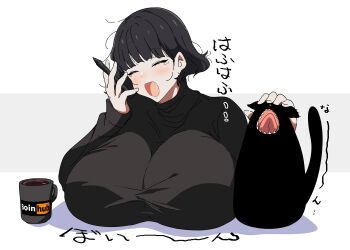 1girl :o absurdres black_cat black_dress black_hair blunt_bangs blush brand_name_imitation breast_rest breasts breasts_on_table cat closed_eyes coffee_mug commentary_request cup dress goumonsha highres holding holding_stylus huge_breasts kurokirishima_yui_(goumonsha) long_sleeves mug open_mouth original petting pornhub short_hair solo stylus tearing_up white_background yawning