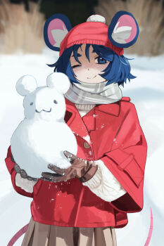 1girl ;) animal_ears blue_eyes blue_hair blush brown_gloves cold day ears_through_headwear gloves highres holding jacket looking_at_viewer mouse_ears mouse_girl mouse_tail nose_blush one_eye_closed original outdoors parasoru_buruu red_jacket scarf skirt smile snow snow_animal solo sweater tail white_skirt white_sweater winter