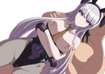 1boy 1girl animal_ears arms_under_breasts black_gloves black_leotard black_ribbon braid brown_necktie collarbone cowboy_shot danganronpa:_trigger_happy_havoc danganronpa_(series) detached_collar fake_animal_ears fishnet_pantyhose fishnets frown gloves grey_hair hair_ribbon kirigiri_kyoko leotard long_hair makiri_akira necktie nipple_piercing pantyhose piercing pink_eyes playboy_bunny rabbit_ears ribbon