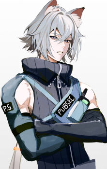 1boy animal_ear_fluff animal_ears blue_eyes cat_boy cat_ears colored_tips commentary crossed_arms english_commentary grey_background grey_hair hair_between_eyes highres looking_at_viewer male_focus multicolored_hair nana_illust parted_lips police police_uniform policeman seth_lowell short_hair simple_background solo upper_body walkie-talkie zenless_zone_zero zipper zipper_pull_tab