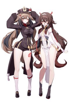 2girls absurdres arms_up bare_legs bare_shoulders black_hat black_shirt black_shoes black_shorts breasts brown_hair china_dress chinese_clothes closed_mouth commentary_request cosplay costume_switch detached_sleeves dress flower-shaped_pupils genshin_impact hair_between_eyes hair_flaps hairband hand_up hat highres hu_tao_(genshin_impact) hu_tao_(genshin_impact)_(cosplay) kneehighs long_hair long_sleeves looking_at_viewer medium_breasts multiple_girls one_eye_closed pelvic_curtain porkpie_hat red_eyes shirt shoes short_shorts shorts simple_background smile socks symbol-shaped_pupils taiyaki12 thighs twintails very_long_hair waist_cape white_background white_dress white_socks ye_shunguang ye_shunguang_(cosplay) zenless_zone_zero