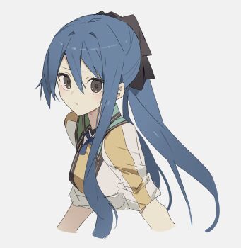 Rule 34 | 1girl, blue hair, breasts, double-parted bangs, eiyuu densetsu, george man, grey background, grey eyes, hair between eyes, highres, laura s. arseid, long sidelocks, looking at viewer, ponytail, portrait, sen no kiseki, sen no kiseki (series), sen no kiseki ii, sidelocks, simple background, single sidelock, sleeve rolled up, small breasts, solo