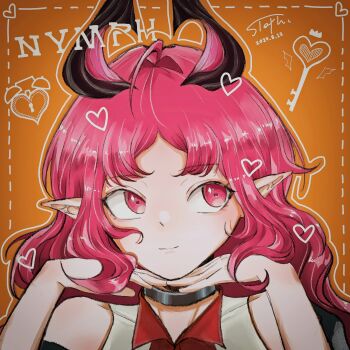 Rule 34 | 1girl, absurdres, ahoge, arknights, bare shoulders, black choker, character name, chinese commentary, choker, closed mouth, commentary request, crown (symbol), dated, dotted line, hands on own chin, heart, highres, keyhole, long hair, looking to the side, nymph (arknights), orange background, own hands together, parted bangs, pink eyes, pink hair, pointy ears, shu shu shu lan, sideways glance, signature, solo, upper body