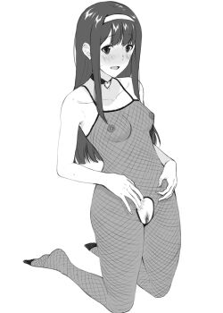 1girl blush bodystocking breasts choker clothing_cutout commentary_request crotch_cutout female_pubic_hair fishnet_bodystocking fishnets full_body greyscale hairband heart heart_choker highres idolmaster idolmaster_million_live! kirihara_you kneeling long_hair looking_at_viewer monochrome nipples parted_lips pubic_hair pussy_cutout simple_background solo straight_hair tanaka_kotoha white_background