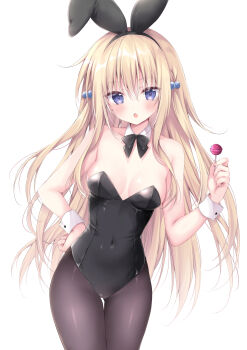 Rule 34 | 1girl, absurdres, animal ears, bare shoulders, black bow, black hairband, black leotard, blonde hair, blush, bow, breasts, brown pantyhose, candy, collar, commentary request, detached collar, fake animal ears, food, gluteal fold, hair between eyes, hairband, hand on own hip, hand up, highres, holding, holding candy, holding food, holding lollipop, korie riko, leotard, lollipop, long hair, medium breasts, original, pantyhose, parted lips, playboy bunny, purple eyes, rabbit ears, simple background, solo, strapless, strapless leotard, thigh gap, very long hair, white background, white collar, wrist cuffs