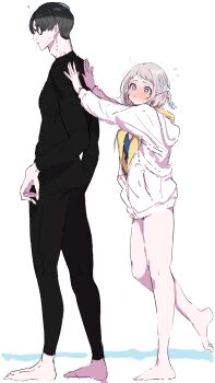 1boy 1girl ? absurdres bare_legs barefoot bikini bikini_under_clothes black-framed_eyewear black_hair blue_bikini blue_ribbon blush braid flying_sweatdrops gakuen_idolmaster glasses grey_hair hair_ribbon half_up_braid highres idolmaster jacket jacket_over_swimsuit kasasagi_(futagodori888) katsuragi_lilja kimi_to_semi_blue_(idolmaster) long_sleeves nose_blush official_alternate_costume producer_(idolmaster) rash_guard ribbon ribbon_in_braid swimsuit two-sided_fabric two-sided_jacket white_jacket