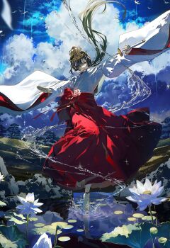 1girl anklet bell_anklet bird black_hair bubble closed_mouth cloud cloudy_sky commentary_request crown eshi_100_nin_ten floating_hair flower full_body glint hair_floating_upwards hair_over_one_eye highres hill holding holding_sword holding_weapon hydrokinesis japanese_clothes jewelry katana kimono kuga_huna lily_pad long_hair long_skirt long_sleeves lotus original pink_flower red_eyes red_ribbon red_skirt reflection reflective_liquid ribbon shallow_water sidelocks skirt sky solo sparkle splashing standing standing_on_one_leg sword tiptoes tree water weapon white_flower white_kimono wide_sleeves