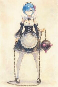 1girl adog apron ball_and_chain_(weapon) black_skirt black_sleeves blue_eyes blue_hair breasts chain cleavage closed_mouth detached_sleeves flower frilled_skirt frilled_sleeves frills full_body hair_flower hair_ornament hair_over_one_eye hair_ribbon highres holding holding_weapon looking_at_viewer maid_headdress medium_hair miniskirt painting_(medium) pink_ribbon re:zero_kara_hajimeru_isekai_seikatsu rem_(re:zero) ribbon ribbon-trimmed_sleeves ribbon_trim roswaal_mansion_maid_uniform short_hair skirt smile solo spiked_ball_and_chain traditional_media underbust waist_apron watercolor_(medium) weapon white_apron white_flower x_hair_ornament