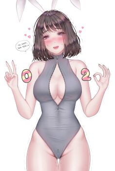 1girl animal_ears black_hair breasts english_text gluteal_fold happy_new_year heart highres mole mole_under_eye new_year original parted_lips purple_eyes rabbit_ears sleeveless solo sophia_vera_lu speech_bubble sweat thigh_gap trembling v white_background zipper zipper_pull_tab