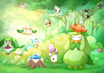 :d absurdres aqua_eyes berry blush bright_pupils bush celebi closed_eyes closed_mouth commentary_request cottonee day emolga facing_viewer gen_1_pokemon gen_2_pokemon gen_3_pokemon gen_4_pokemon gen_5_pokemon gen_7_pokemon grass hands_up highres hoppip in_tree legendary_pokemon lilligant mew_(pokemon) morelull moxa_ryu music musical_note musical_staff mythical_pokemon nintendo no_humans one_eye_closed open_mouth outdoors pachirisu peeking_out petilil pokemon pokemon_(creature) seedot signature singing smile standing steenee tree tree_stump yellow_eyes
