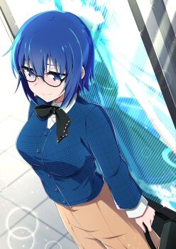 1girl azami_masurao bag black_dress blue_eyes blue_hair blue_shirt breasts brown_pants buttons c.i.e.l_(fate) ciel_(tsukihime) dress fate/grand_order fate_(series) frilled_dress frills glasses hair_between_eyes highres holding holding_bag large_breasts layered_dress long_sleeves neck_ribbon pants ribbon screen shirt short_hair sleeveless sleeveless_dress solo star_ciel_(fate) tsukihime white_shirt