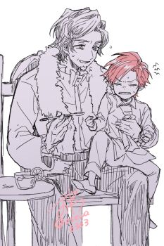 2boys aged_down beard cale_henituse chair cup deruth_henituse facial_hair father_and_son food fruit fur_trim goatee highres lemon lemon_slice lout_of_count's_family male_focus multiple_boys orange_(fruit) orange_slice osewa6363 red_hair short_hair sitting sitting_on_lap sitting_on_person spoon white_background