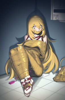 1girl arms_behind_back bag bare_shoulders blonde_hair bound breasts cad_(caddo) gag gym_shirt hair_between_eyes handbag improvised_gag indoors large_breasts long_hair looking_at_object red_trim remote_control_vibrator sex_toy shirt shoes shokuhou_misaki sitting sleeveless sleeveless_shirt solo star-shaped_pupils star_(symbol) symbol-shaped_pupils tape tape_bondage tile_floor tiles toaru_kagaku_no_railgun toaru_kagaku_no_railgun_t toaru_majutsu_no_index tokiwadai_school_gym_uniform vibrator vibrator_cord white_shirt white_shoes yellow_eyes