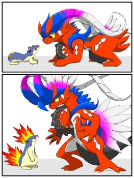 burning burning_hair crest feather_hair_ornament feathers fire gen_2_pokemon hair_ornament highres intimidation koraidon legendary_pokemon nintendo on_ground pawpads pokemon pokemon_(creature) quilava quill rakku93 standing webbed_hands wings