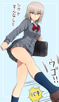 Rule 34 | 1girl, angry, bag, blue background, blue eyes, blue socks, bow, breasts, clenched hands, commentary request, eyes visible through hair, girls und panzer, grey hair, grey skirt, grey sweater, hair between eyes, highres, holding, holding bag, incoming attack, incoming kick, itsumi erika, kicking, kneehighs, large breasts, loafers, long hair, miniskirt, omachi (slabco), pleated skirt, red bow, school bag, school uniform, shirt, shoes, simple background, skirt, socks, solo, sweater, white shirt
