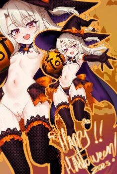 1girl 2025 :d absurdres bikini black_bikini black_gloves black_hat black_thighhighs breasts cape cleft_of_venus commentary crying_emoji different_zoom_layer elbow_gloves emoji english_commentary fate/kaleid_liner_prisma_illya fate_(series) gloves gluteal_fold groin halloween happy_halloween hat highleg highleg_bikini highres illyasviel_von_einzbern kiari_art long_hair micro_bikini multiple_views navel nipples open_mouth purple_cape pussy red_eyes small_breasts smile solo string_bikini swimsuit teeth thighhighs two_side_up uncensored upper_teeth_only white_hair witch_hat zoom_layer
