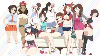 6+girls absurdres adapted_costume ahoge alola_mother arm_up artist_logo ass bandana black_panties black_tank_top black_thighhighs blue_eyes blue_hair blue_leotard blue_shirt blue_shorts bow breasts brown_eyes brown_hair caroline_(pokemon) cleavage closed_eyes clothes_lift collared_shirt cosplay couch crop_top crossed_legs dark-skinned_female dark_skin dawn_(pokemon) dawn_(pokemon)_(cosplay) delia_ketchum drill_hair earrings eyelashes from_behind galar_mother glasses gloria_(pokemon) gloria_(pokemon)_(cosplay) grace_(pokemon) green_ribbon grey_socks hair_ornament hair_ribbon hairband hand_on_own_hip head_tilt highres hilda_(pokemon) hilda_(pokemon)_(cosplay) holding impossible_clothes jewelry johanna_(pokemon) johto_mother kneehighs large_breasts leaf_(pokemon) leaf_(pokemon)_(cosplay) legs leotard licking_lips logo long_hair long_sleeves looking_at_viewer looking_back looking_to_the_side lyra_(pokemon) lyra_(pokemon)_(cosplay) mature_female may_(pokemon) may_(pokemon)_(cosplay) medium_breasts medium_hair midriff miniskirt mole mole_under_eye mother_(pokemon) multiple_girls nail_polish naranja_academy_school_uniform navel nintendo no_shoes on_ground orange_shorts paldea_mother panties pants parted_bangs parted_lips pink_bow pink_skirt pleated_skirt pokemon pokemon_(anime) pokemon_bw pokemon_bw2 pokemon_dppt pokemon_frlg pokemon_hgss pokemon_rse_(anime) pokemon_sm pokemon_sv pokemon_swsh pokemon_xy ponytail r3dfive red_footwear red_hairband red_headwear red_skirt ribbon rosa_(pokemon) rosa_(pokemon)_(cosplay) sandals school_uniform selene_(pokemon) selene_(pokemon)_(cosplay) serena_(pokemon) serena_(pokemon)_(cosplay) shadow shirt shoe_dangle short_hair short_sleeves shorts side_ponytail sideboob sidelocks sitting skirt skirt_lift sleeveless slippers smile socks soles spread_legs standing striped_background striped_clothes striped_shorts swept_bangs tan_shirt tank_top thighhighs thighs tied_shirt tilted_headwear tiptoes toenail_polish toenails toes tongue tongue_out torn_clothes torn_pants torn_shorts twin_drills two-tone_shirt undersized_clothes underwear unova_mother_(bw) unova_mother_(bw2) v visor_cap white_footwear white_shirt white_socks yokozuwari