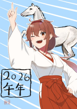 1girl 2026 brown_eyes brown_hair chinese_zodiac clothing_cutout hair_flaps hairband hakama highres hip_vent japanese_clothes kantai_collection long_hair makiyuki miko one_eye_closed open_mouth red_hairband red_hakama shiratsuyu_(kancolle) shiratsuyu_kai_ni_(kancolle) smile solo very_long_hair year_of_the_horse