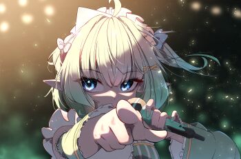 1girl absurdres ahoge blue_eyes blurry blurry_background bow center_frills commentary detached_sleeves dress english_commentary frilled_dress frills gradient_hair green_dress green_hair hair_bow hair_ornament hairclip highres holding holding_microphone indie_virtual_youtuber looking_at_viewer maid maid_headdress microphone mint_fantome mint_fantome_(minto_2.0) multicolored_hair pointing pointing_at_viewer pointy_ears short_hair solo striped_clothes striped_dress syxh triangular_headpiece two_side_up vertical-striped_clothes vertical-striped_dress virtual_youtuber white_hair x_hair_ornament