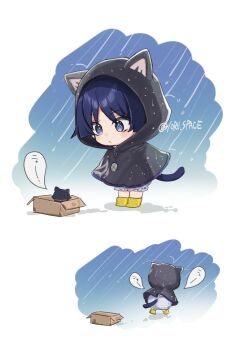 1boy :< animal_ear_hood animal_ears animalization black_cat black_cloak black_hair black_hood bloomers blunt_ends blush box cardboard_box cat cat_boy cat_ears cat_tail cloak closed_mouth eyeliner eyeshadow fake_animal_ears genshin_impact highres hood hood_up hooded_cloak looking_at_animal looking_down makeup male_focus person_and_animalization purple_eyes rain red_eyeliner red_eyeshadow reito6 scaramouche_(cat)_(genshin_impact) scaramouche_(genshin_impact) sequential standing tail twitter_username underwear walking wanderer_(genshin_impact) white_bloomers wide-eyed