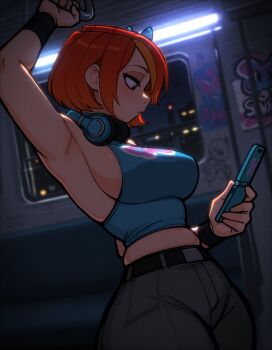 1girl :< alternate_breast_size_(larger) arm_support arm_up armpits breasts butterfly_(planetronika) curvy dutch_angle headphones headphones_around_neck highres holding holding_phone large_breasts maddiedobles midriff night night_sky orange_hair phone planetronika short_hair sideboob sky solo train_interior wide_hips window