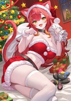 1girl :d absurdres animal_ear_fluff animal_ears bare_shoulders bed_sheet black_choker breasts cat_ears cat_girl cat_tail choker christmas_tree cleavage commentary_request cosmetics ears_through_headwear fang fur-trimmed_headwear fur-trimmed_skirt fur-trimmed_tube_top fur_trim fur_wrist_cuffs hair_flaps hat highres holding holding_sack indoors large_breasts lipstick_tube long_hair looking_at_viewer lying midriff miniskirt multicolored_hair navel nekota_tsuna on_side open_mouth orange_eyes orange_hair paw_pose pom_pom_(clothes) red_hair red_hat red_skirt sack santa_costume santa_hat sidelocks skirt smile solo strapless streaked_hair sunamama4788 tail thighhighs tube_top virtual_youtuber vspo! white_thighhighs wrist_cuffs yellow_eyes