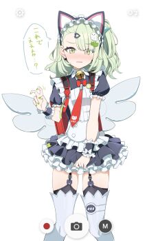 1girl animal_ear_hairband animal_ears bell black_dress blush breasts cat_ear_hairband cat_ears commentary_request cowboy_shot dress fake_animal_ears frilled_dress frilled_sleeves frills garter_straps ghost_hair_ornament green_eyes green_hair green_nails hair_ornament hairband heart heart_hair_ornament highres hoshino_ouka layered_dress looking_at_viewer maid maid_headdress multiple_hair_clips neck_bell necktie official_alternate_costume open_mouth red_bag red_necktie simple_background small_breasts solo speech_bubble sunna_(afternoon_tea_break)_(zenless_zone_zero) sunna_(zenless_zone_zero) translation_request white_background white_wings winged_bag wings zenless_zone_zero