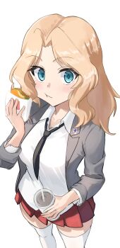 1girl :t absurdres black_necktie blonde_hair blue_eyes breasts burger cardigan commentary_request cup disposable_cup eating food girls_und_panzer grey_cardigan hair_intakes highres holding holding_burger holding_cup holding_food kay_(girls_und_panzer) lazurite_(user_8870367) long_hair looking_at_viewer miniskirt necktie pleated_skirt red_skirt saunders_school_uniform school_uniform shirt simple_background skirt solo thighhighs white_background white_shirt white_thighhighs zettai_ryouiki