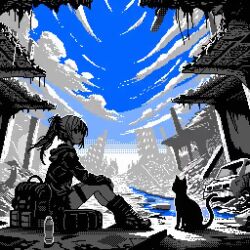 1girl animated backpack bag bottle cat original pixel_art ruins sitting sky tagme thigh_strap video viino_hamu86 water_bottle