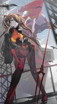 1girl absurdres bird black_jacket blue_eyes bodysuit brown_hair commentary_request eva_02 eyepatch hand_on_own_hip hand_on_own_thigh highres interface_headset_(evangelion) jacket jacket_on_shoulders lance_of_longinus_(evangelion) light_frown long_hair mecha_pilot_suit neon_genesis_evangelion plugsuit_(evangelion) puddle red_bodysuit refa souryuu_asuka_langley