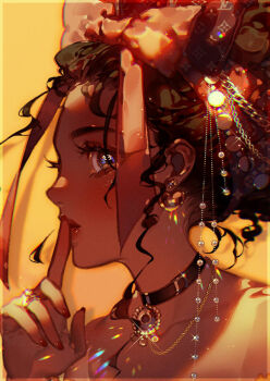 1girl bare_shoulders blue_eyes bow bracelet brown_hair choker commentary_request cropped dark-skinned_female dark_skin dolores_madrigal earrings encanto finger_to_mouth gradient_background hair_bow jewelry kawacy necklace portrait red_bow ring tan tanline yellow_theme