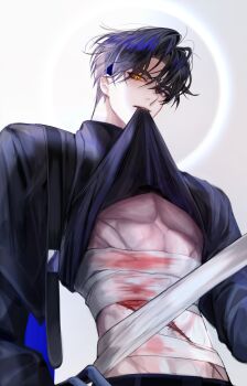 Rule 34 | 1boy, abs, absurdres, bandaged torso, bandages, black eyes, black gloves, black hair, black shirt, blood, blood on clothes, clothes in mouth, commentary request, curtained hair, gloves, hayu beck, heterochromia, highres, holding bandages, korean commentary, male focus, mouth hold, muscular, muscular male, omniscient reader's viewpoint, pectorals, serious, shirt, shirt in mouth, short hair, solo, yellow eyes, yoo joonghyuk