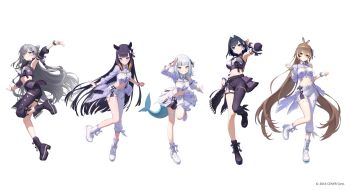 Rule 34 | 5girls, absurdres, ahoge, asymmetrical clothes, black boots, black hair, black pants, black roots, blue eyes, blue hair, blunt bangs, boots, bow, braid, brown eyes, brown hair, center-flap bangs, collared shirt, colored inner hair, commentary request, cone hair bun, copyright notice, cropped shirt, crossed bangs, detached sleeves, double-parted bangs, double bun, fins, fish tail, full body, gawr gura, gradient hair, grey hair, hair between eyes, hair bow, hair bun, hair intakes, hair ribbon, highres, hololive, hololive english, hololive idol uniform (color rise), hololive indonesia, idol, idol clothes, lace-up boots, matsuo shogo, medium hair, midriff, multicolored hair, multiple girls, nanashi mumei, ninomae ina'nis, official alternate costume, official art, orange hair, ouro kronii, pants, platform boots, pointy ears, puffy detached sleeves, puffy short sleeves, puffy sleeves, purple hair, ribbon, shark girl, shark tail, shirt, short hair, short sleeves, sidelocks, simple background, single detached sleeve, single pantsleg, single sleeve, skirt, split ponytail, straight hair, streaked hair, tail, tentacle hair, thigh strap, two side up, vestia zeta, virtual youtuber, white background, white boots, white pants, white skirt