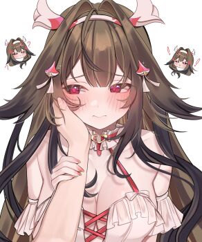 ! !! 1girl ? ?? absurdres animal_ears bare_shoulders black_streaks blush bow breasts cleavage collar commentary criss-cross_straps detached_sleeves dress droopy_ears english_commentary fox_ears fox_girl frilled_collar frilled_dress frills grabbing_another&#039;s_arm hair_ornament hand_on_another&#039;s_face headband highres long_hair nail_polish official_alternate_costume red_eyes rosheil strap ye_shunguang zenless_zone_zero