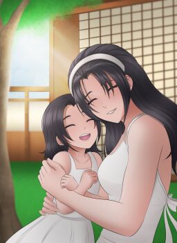 2girls absurdres black_hair dress highres kazama_jun kazama_mikoto mother_and_daughter multiple_girls namco outdoors tekken white_dress