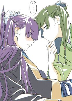1boy 1girl beads black_robe blue_eyes blue_ribbon blunt_bangs blush bow-shaped_hair bun_cover chinese_clothes dangomochi2 freckles furrowed_brow green_hair green_shirt hair_beads hair_bun hair_ornament hair_ribbon hand_on_own_chin highres jinshi_(kusuriya_no_hitorigoto) kusuriya_no_hitorigoto leaning_forward long_hair looking_at_another maomao_(kusuriya_no_hitorigoto) purple_eyes ribbon robe shirt sidelocks upper_body white_background wide-eyed