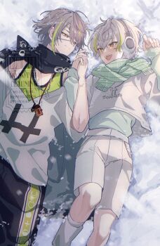 18trip 2boys 68nr :d absurdres adversarial_noise black_scarf black_shorts blonde_streaks brothers closed_mouth crop_top cross cross_necklace earmuffs eyepatch green_scarf green_shirt green_tank_top grey_hair hand_up highres holding_hands jewelry layered_sleeves leg_warmers long_sleeves lying male_focus multicolored_hair multiple_boys necklace off-shoulder_shirt off_shoulder open_mouth scarf shiramitsu_ryui shiramitsu_toi shirt short_over_long_sleeves short_sleeves shorts siblings smile snow streaked_hair tank_top twins white_hair white_leg_warmers white_shirt white_shorts yellow_eyes