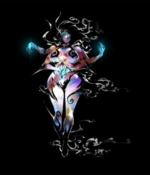 Rule 34 | 1girl, andyface, artist name, black background, blending, blue eyes, blue hands, breasts, closed mouth, convenient censoring, extra arms, extra eyes, glowing, glowing eyes, glowing hands, highres, large breasts, looking at viewer, nebula, nude, original, own hands together, simple background, star (sky)