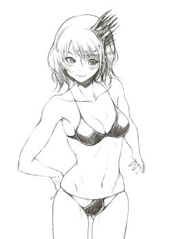 1girl bikini breasts collarbone commentary_request gluteal_fold greyscale halterneck highres looking_at_viewer medium_hair monochrome navel original sg-003 simple_background smile solo stomach_day swimsuit