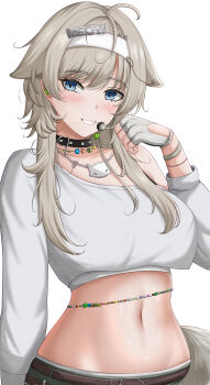 1girl absurdres ahoge belly_chain black_collar blush breasts cat_hair_ornament cat_ornament collar collarbone commentary cowboy_shot crop_top fingerless_gloves gloves goddess_of_victory:_nikke grey_hair grin groin hair_between_eyes hair_ears hair_intakes hair_ornament hairband headband headset highres idol jewelry large_breasts long_hair looking_at_viewer midriff navel prika_(nikke) rabbitttt shirt short_shorts shorts sidelocks simple_background single_bare_shoulder smile solo spiked_collar spikes standing white_background white_gloves white_headband white_shirt