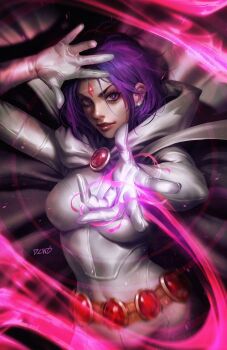 1girl alternate_color belt bodysuit breasts brooch cape dc_comics dcwj earrings forehead_jewel highres hood hooded_cape jewelry large_breasts looking_at_viewer magic purple_eyes purple_hair raven_(dc) short_hair signature solo teen_titans white_bodysuit white_cape