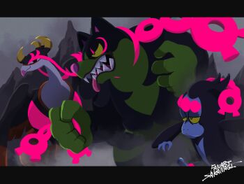 1boy 1other absurdres animal_nose ape bad_tag bird black_feathers black_fur blue_skin brown_feathers clenched_hand colored_sclera colored_skin commentary_request feathers fezandipiti fog furry furry_male green_fur grey_sky half-closed_eyes headband highres letterboxed long_eyelashes looking_at_viewer multicolored_feathers munkidori nintendo okidogi open_mouth pokemon pokemon_(creature) pokemon_focus pokemon_sv sakanagi_(a_r_co) scarf sharp_teeth sky smile teeth tongue tongue_out two-tone_fur yellow_eyes yellow_sclera