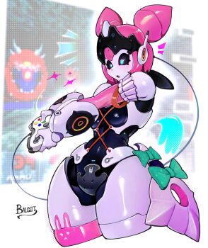 Rule 34 | 1girl, aria (robot) (zenless zone zero), aria (zenless zone zero), arm garter, artist name, balgitt, black sclera, blue eyes, bow, cacodemon, colored sclera, controller, cropped legs, doom (series), game controller, green bow, highres, holding, holding controller, holding game controller, humanoid robot, looking down, open mouth, playing games, playing video games, polka dot, polka dot bow, robot, robot girl, solo, sparkle, white background, zenless zone zero