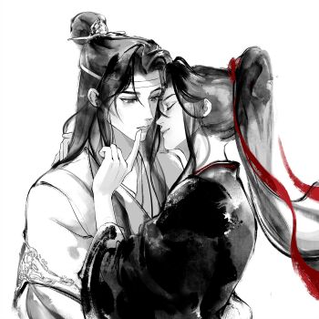 Rule 34 | 2boys, black hair, black hanfu, chinese clothes, chinese commentary, closed eyes, closed mouth, couple, faux traditional media, finger to another&#039;s mouth, greyscale, hair ribbon, hanfu, headband, high ponytail, highres, huashengdoufu, hug, imminent kiss, ink wash painting, lan wangji, long hair, long sleeves, looking at another, male focus, modao zushi, monochrome, multiple boys, parted lips, ponytail, profile, red ribbon, ribbon, robe, sidelocks, simple background, smile, spot color, topknot, upper body, wei wuxian, white background, white hanfu, white headband, wide sleeves, xiao guan (headdress), yaoi