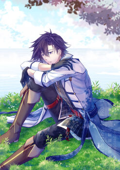 Rule 34 | 1boy, black gloves, black hair, blue sky, boots, celis206201, cloud, coat, commentary, curtained hair, eiyuu densetsu, english commentary, english text, gloves, grass, hair between eyes, long sleeves, male focus, on grass, outdoors, parted bangs, purple eyes, rean schwarzer, sen no kiseki, sen no kiseki (series), sen no kiseki iii, short hair, sitting, sky, solo, watermark