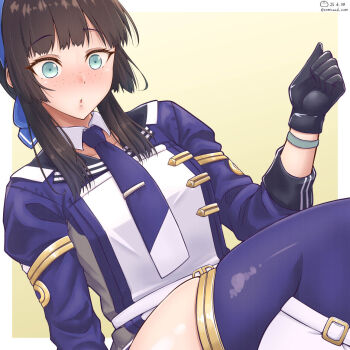 1girl black_gloves black_hair black_skirt blue_hairband blue_necktie blue_ribbon blue_thighhighs breasts brown_hair dated freckles gloves green_eyes hair_ribbon hairband jacket kantai_collection long_hair looking_at_viewer mogador_(kancolle) necktie ribbon shiromaru_(maniado) sidelocks skirt solo thighhighs thighs two-tone_legwear