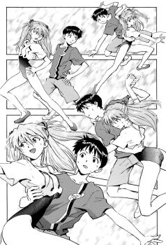1boy 1girl ass bare_legs casual dancing hair_between_eyes hand_on_own_hip highres ikari_shinji legs_apart leotard long_hair looking_to_the_side musical_note musical_note_print neon_genesis_evangelion neon_genesis_evangelion_(manga) official_art open_mouth print_shirt sadamoto_yoshiyuki sequential shirt short_hair shorts simple_background smile souryuu_asuka_langley sweat teamwork third-party_edit wide_hips