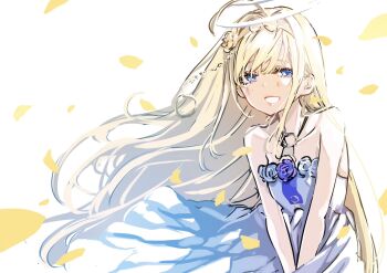 1girl ahoge azuma_sawayoshi bare_shoulders blonde_hair blue_eyes commentary_request crymachina dress enoa_(crymachina) halo highres long_hair looking_at_viewer petals smile solo very_long_hair wind